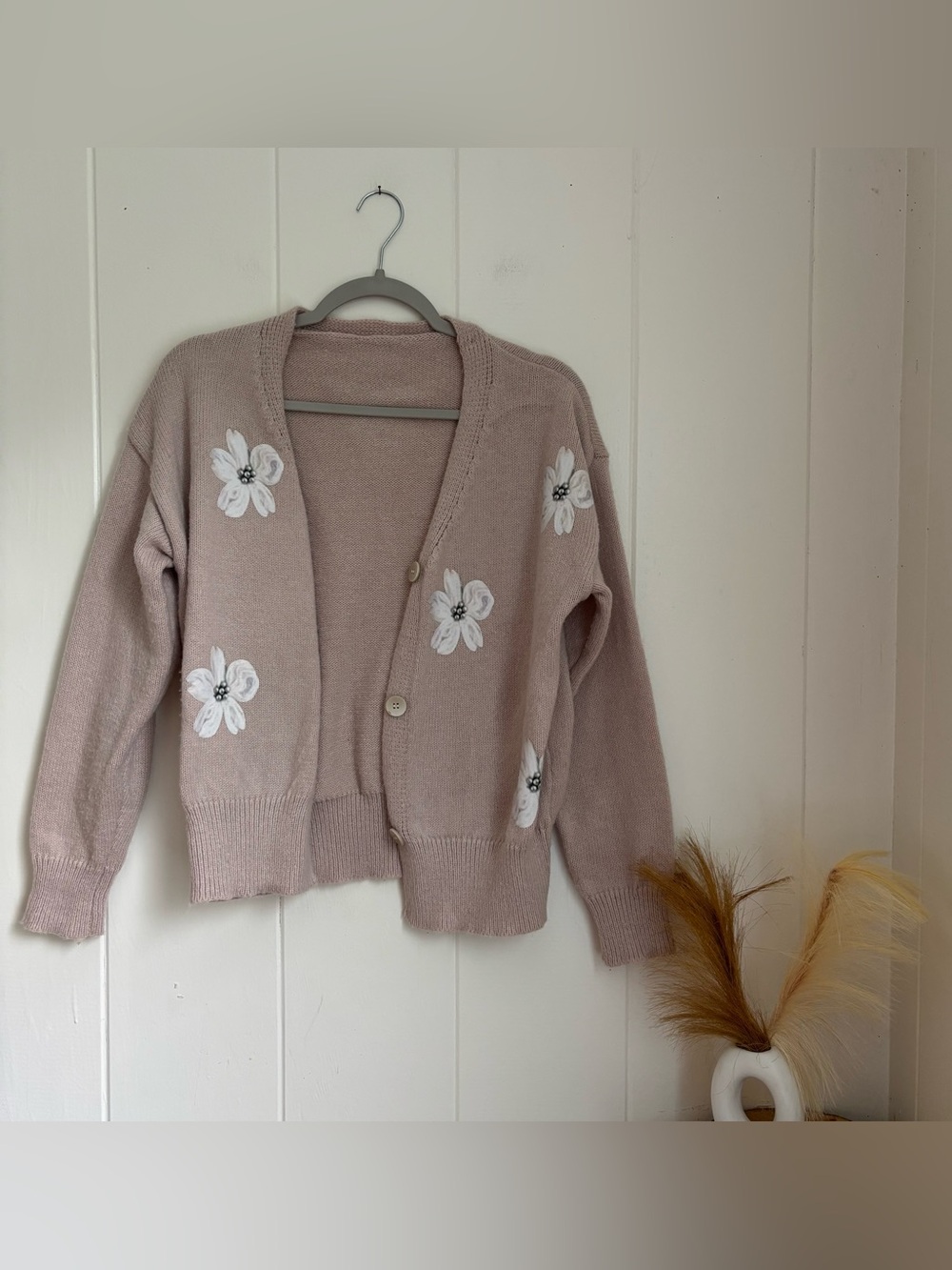 Embroidered Floral Button-Front Cardigan Sweater - Blush Pink
